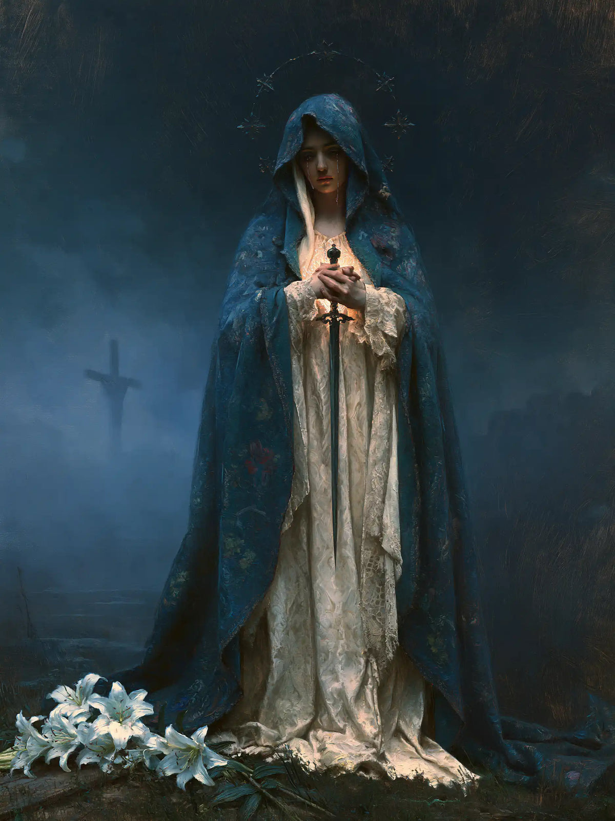 Our Lady of Sorrows in a symbolist composition in Symbolist style, portrait Christian artwork no. 18