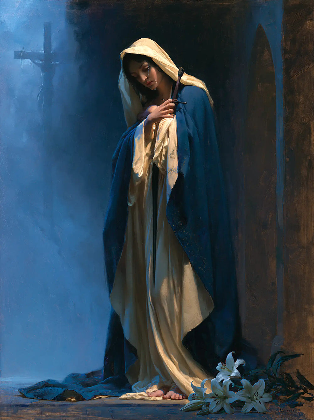 Our Lady of Sorrows in a symbolist composition in Symbolist style, portrait Christian artwork no. 19