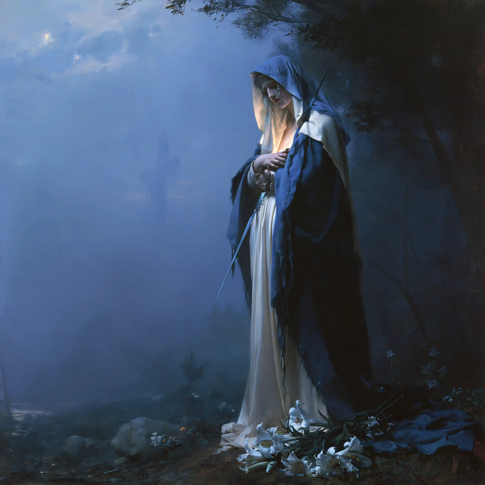 Our Lady of Sorrows in a symbolist composition in Symbolist style, square Christian artwork no. 4