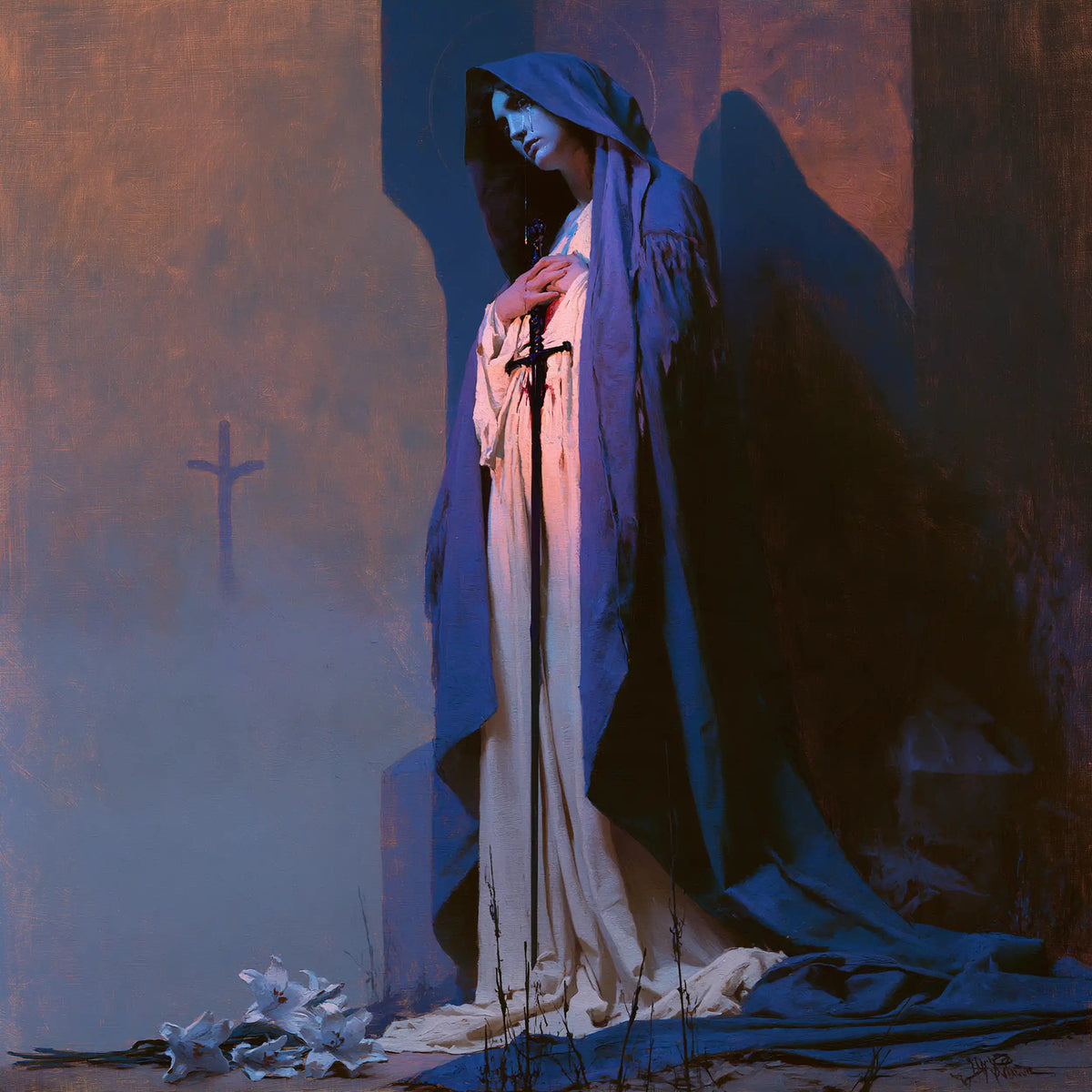 Our Lady of Sorrows in a symbolist composition in Symbolist style, square Christian artwork no. 7