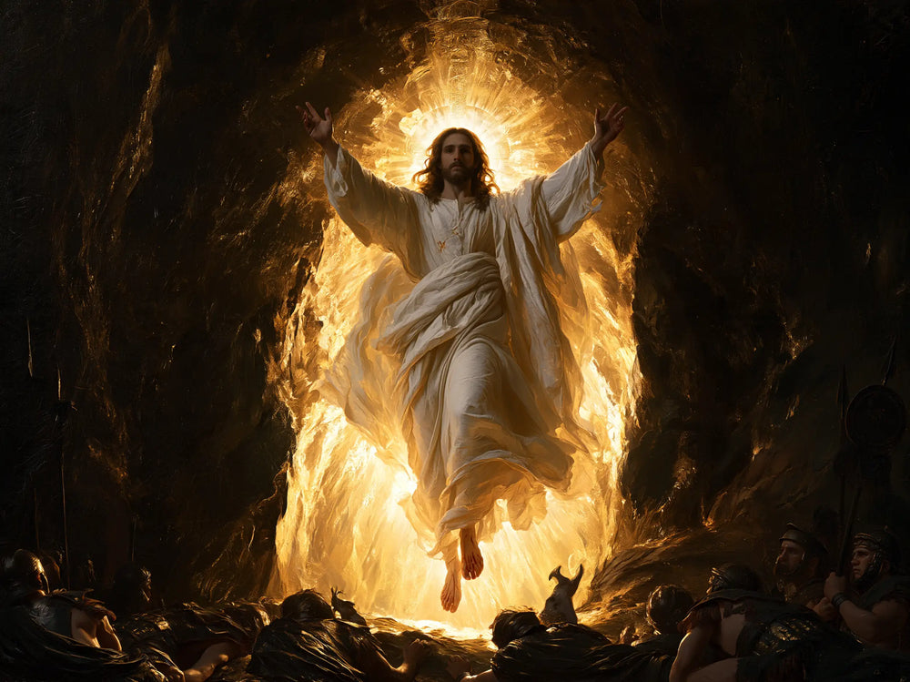 Resurrection of Jesus Christ in Black and Gold style, landscape Christian artwork no. 7