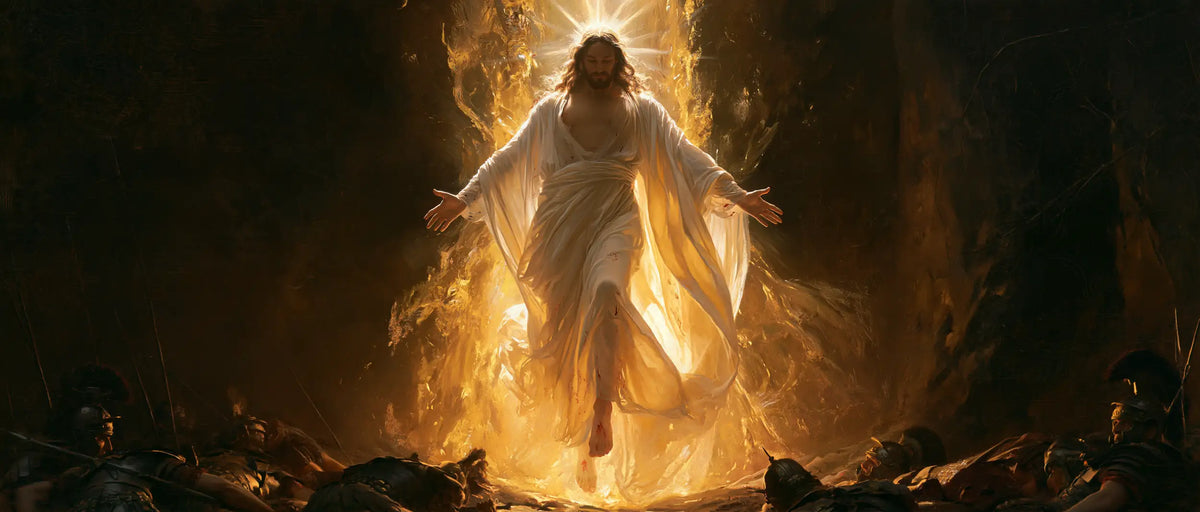 Resurrection of Jesus Christ in Black and Gold style, landscape Christian artwork no. 18