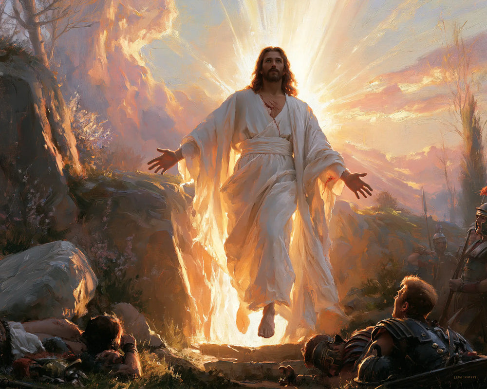 Resurrection of Jesus Christ in Divine Light style, landscape Christian artwork no. 7
