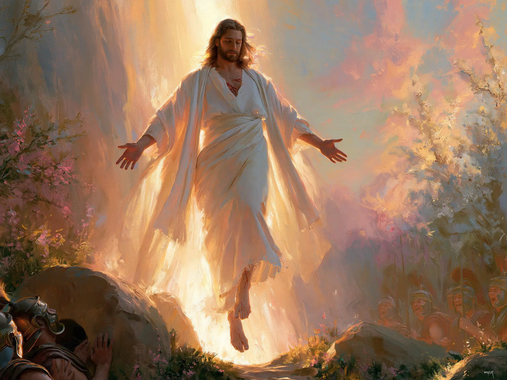 Resurrection of Jesus Christ in Divine Light style, landscape Christian artwork no. 11