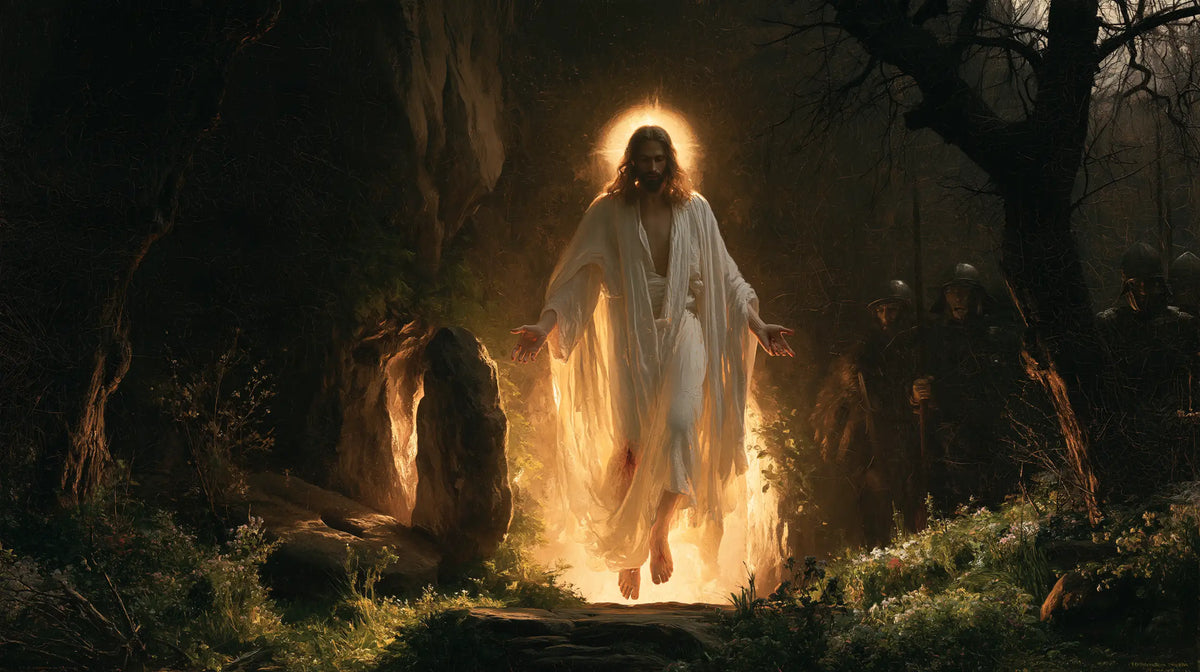Resurrection of Jesus Christ in Explosion of Movement style, landscape Christian artwork no. 11