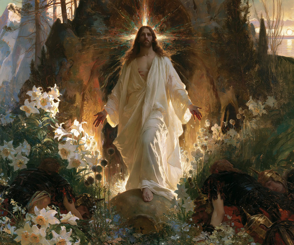 Resurrection of Jesus Christ in Expressionist style, landscape Christian artwork no. 1