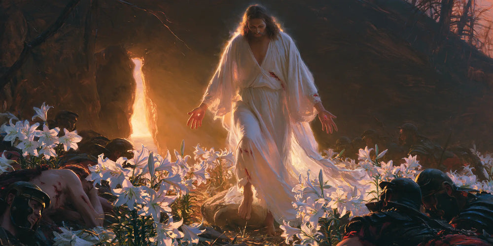 Resurrection of Jesus Christ in Expressionist style, landscape Christian artwork no. 19