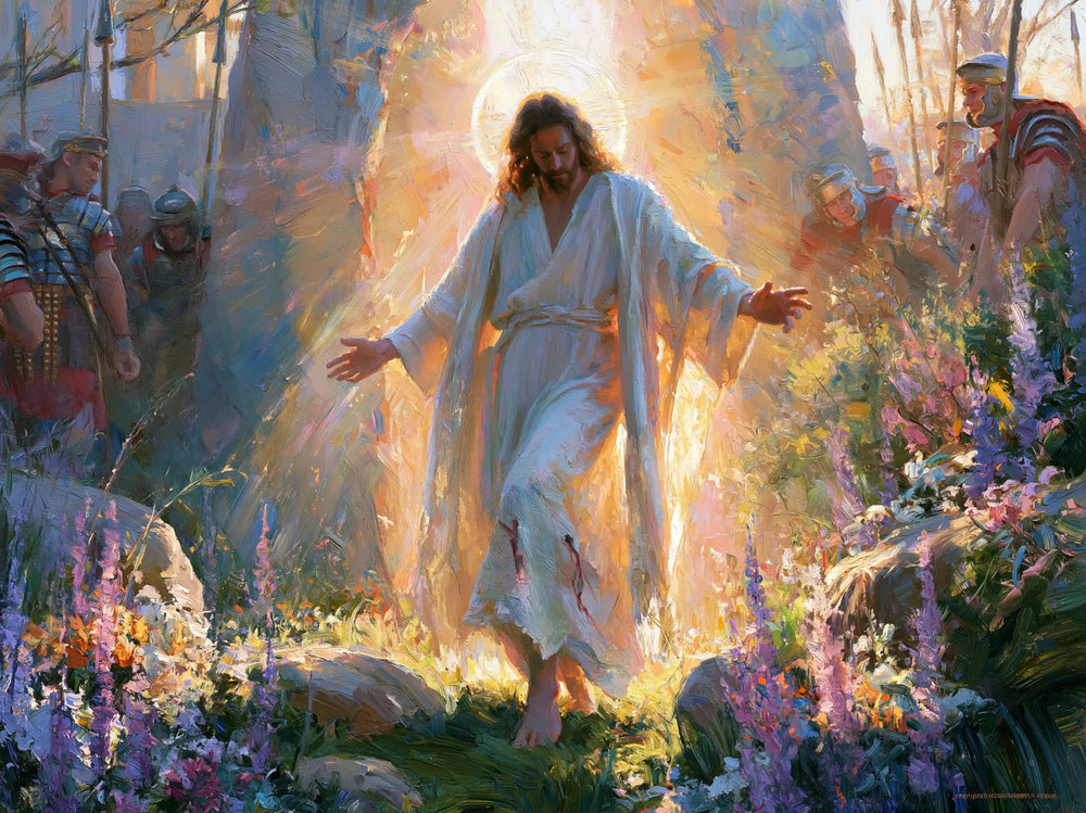 Resurrection of Jesus Christ in Impressionist style, landscape Christian artwork no. 9
