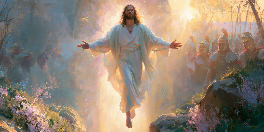 Resurrection of Jesus Christ in Impressionist style, landscape Christian artwork no. 21