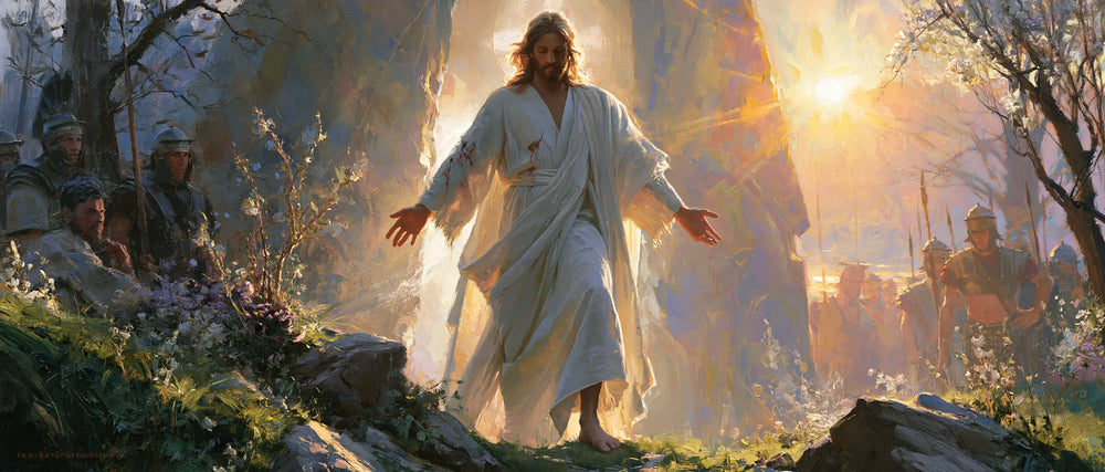 Resurrection of Jesus Christ in Impressionist style, landscape Christian artwork no. 28