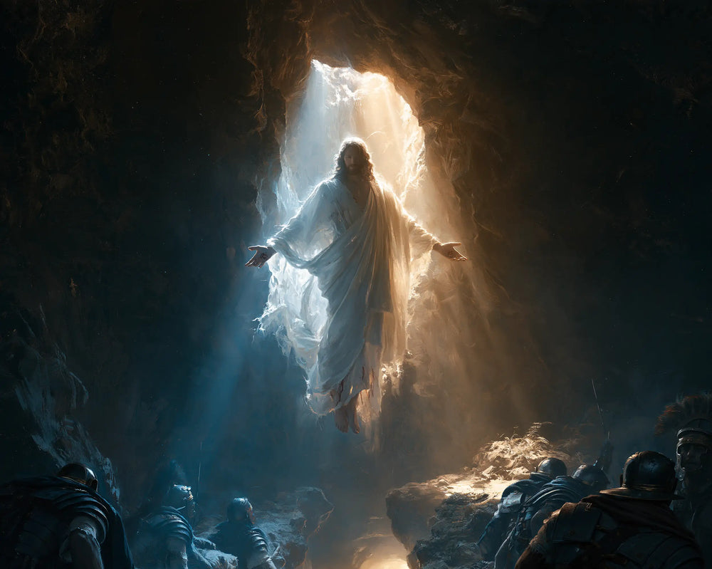 Resurrection of Jesus Christ in Midnight-blue Chiaroscuro style, landscape Christian artwork no. 5