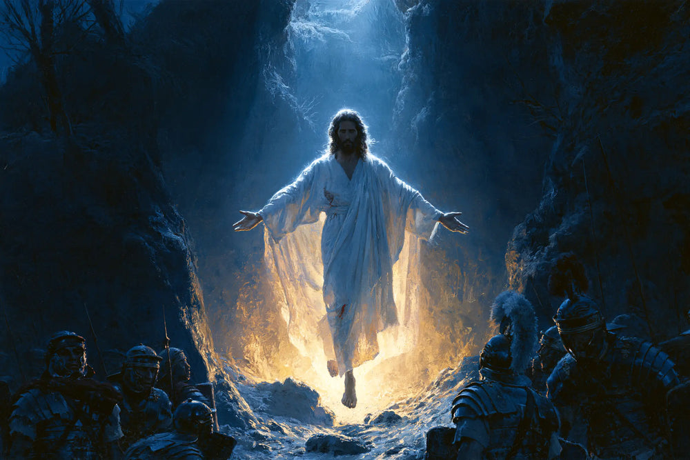 Resurrection of Jesus Christ in Midnight-blue Chiaroscuro style, landscape Christian artwork no. 13