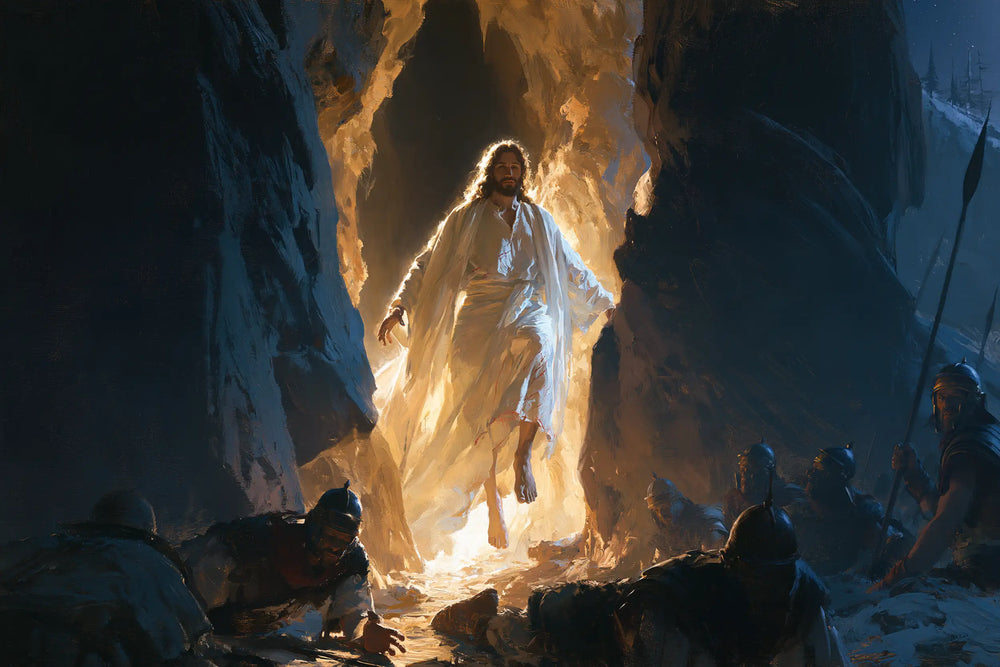 Resurrection of Jesus Christ in Midnight-blue Chiaroscuro style, landscape Christian artwork no. 14