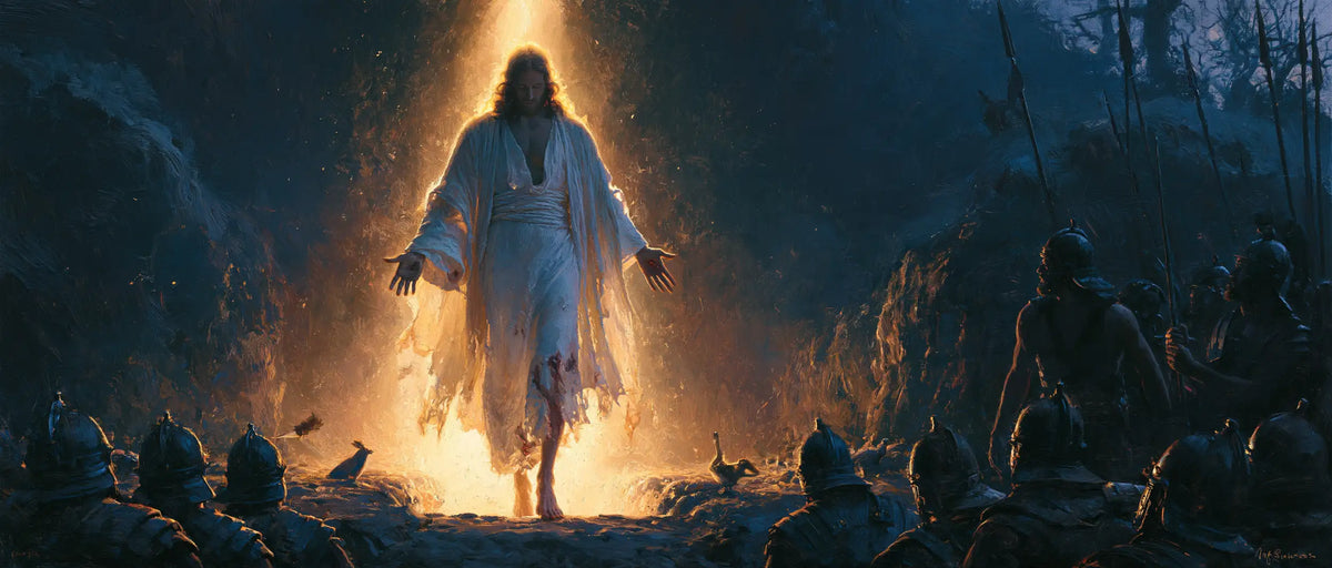 Resurrection of Jesus Christ in Midnight-blue Chiaroscuro style, landscape Christian artwork no. 28