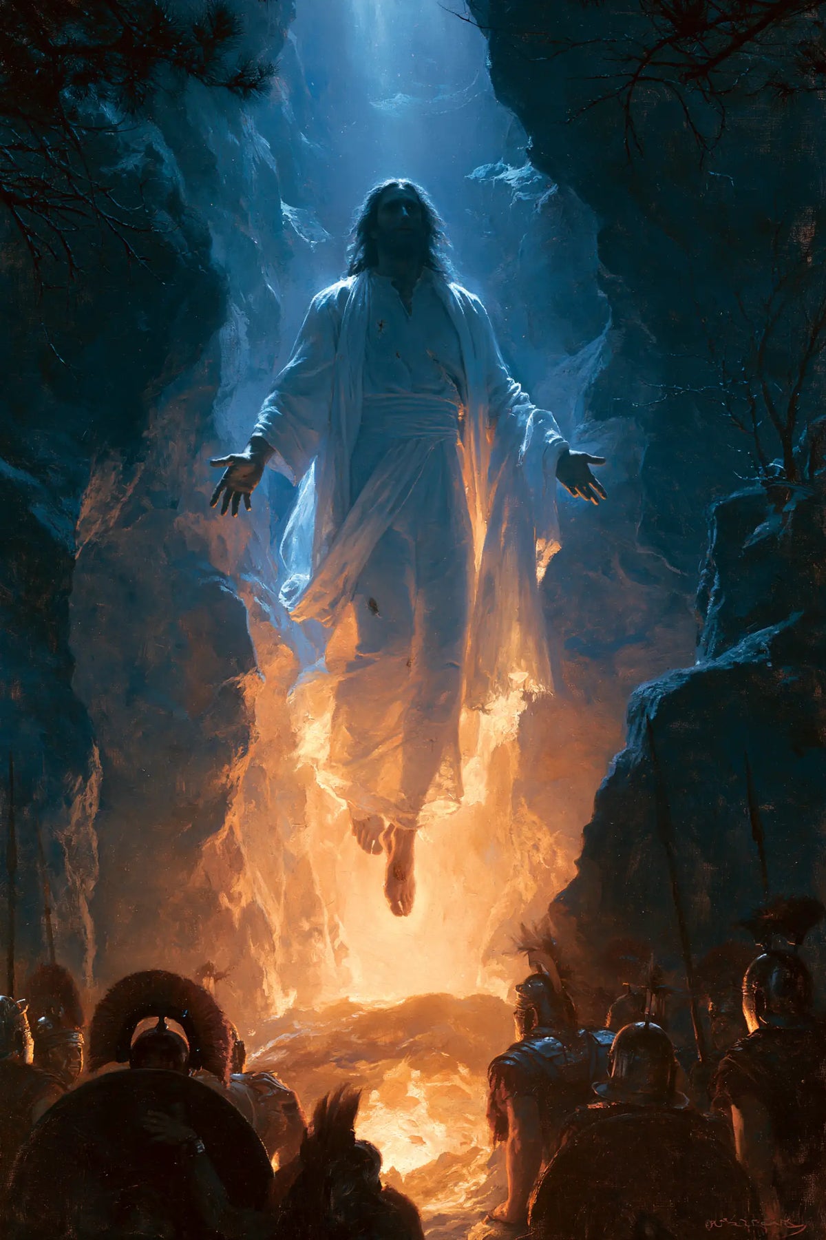 Resurrection of Jesus Christ in Midnight-blue Chiaroscuro style, portrait Christian artwork no. 11