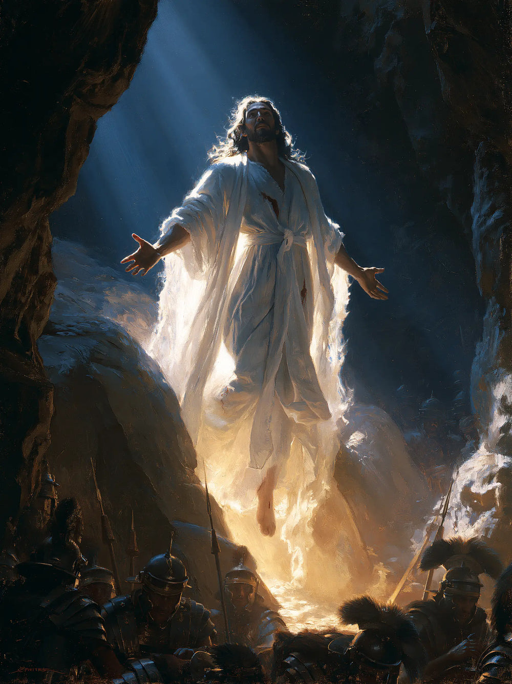 Resurrection of Jesus Christ in Midnight-blue Chiaroscuro style, portrait Christian artwork no. 16