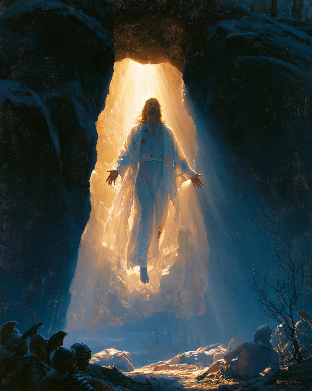 Resurrection of Jesus Christ in Midnight-blue Chiaroscuro style, portrait Christian artwork no. 19
