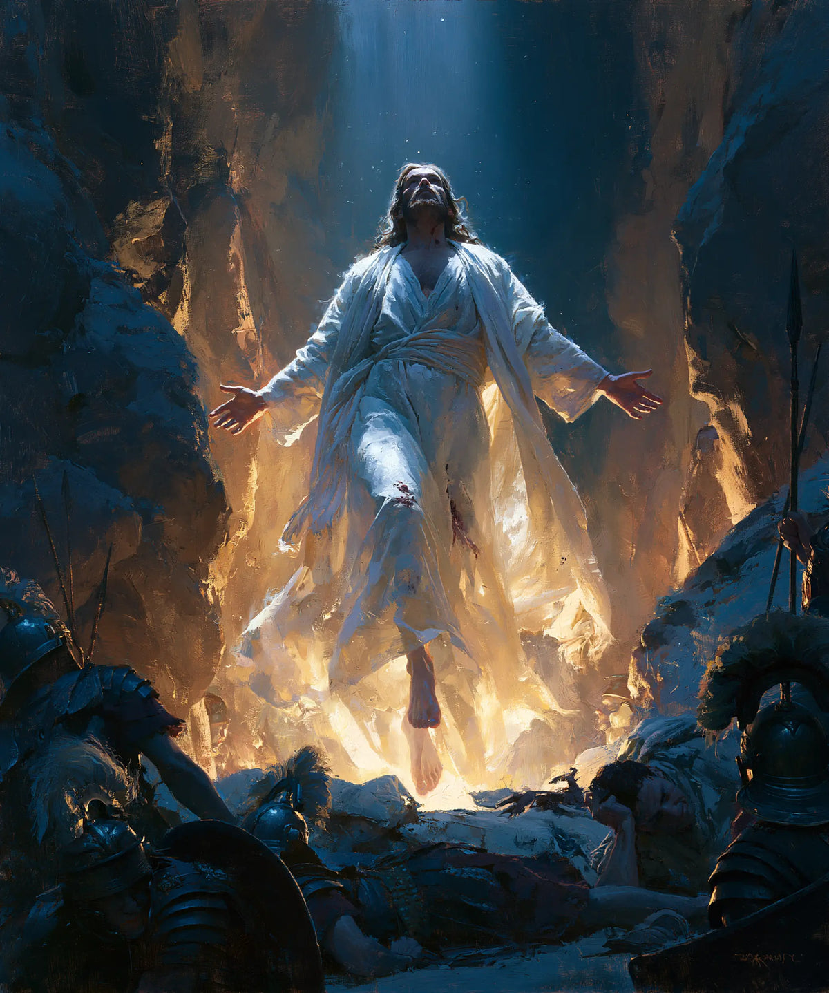 Resurrection of Jesus Christ in Midnight-blue Chiaroscuro style, portrait Christian artwork no. 26