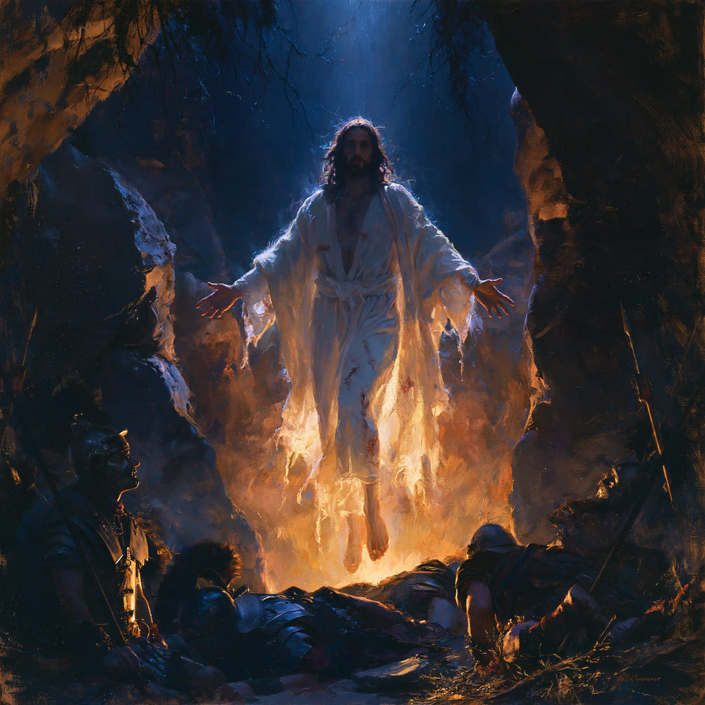 Resurrection of Jesus Christ in Midnight-blue Chiaroscuro style, square Christian artwork no. 3