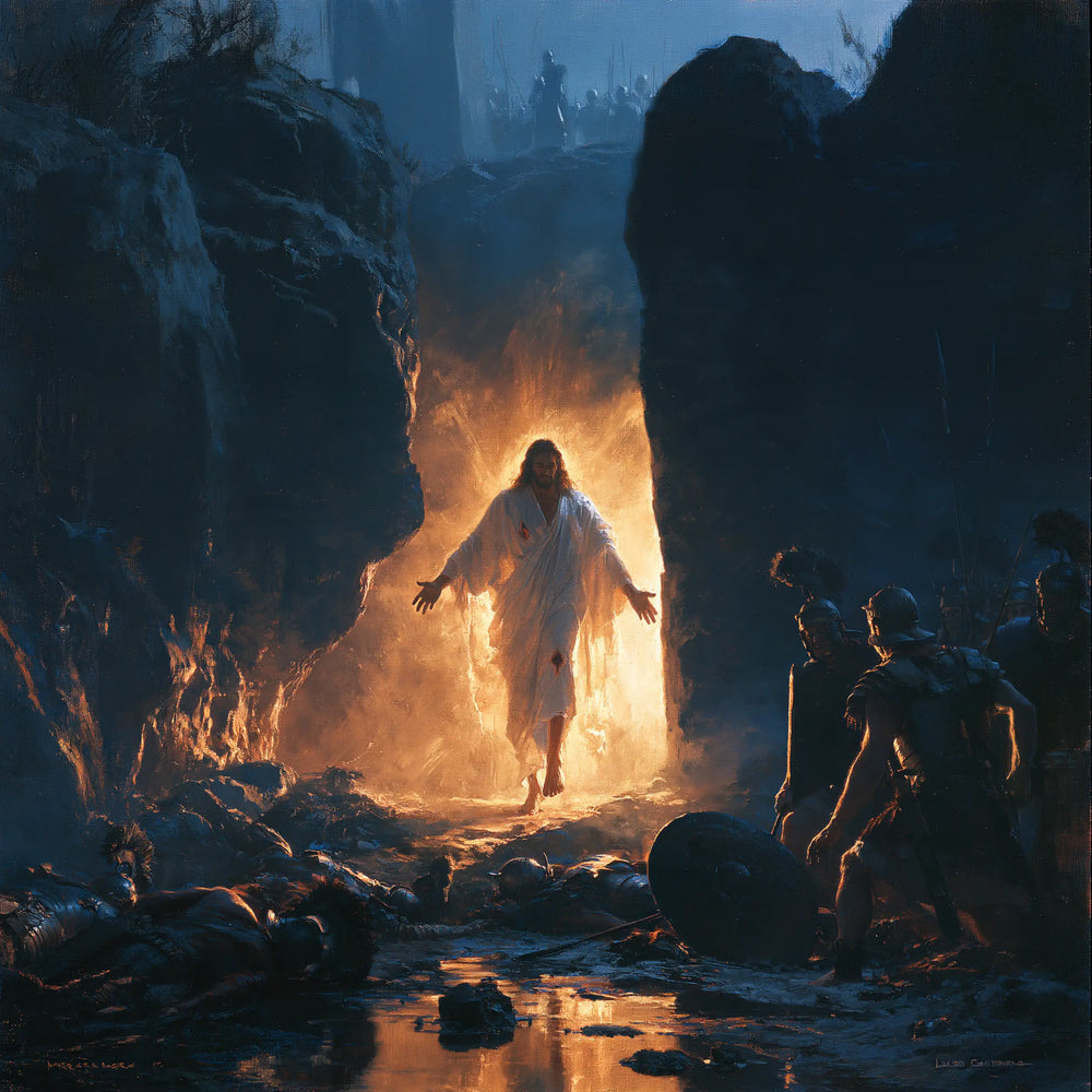 Resurrection of Jesus Christ in Midnight-blue Chiaroscuro style, square Christian artwork no. 4