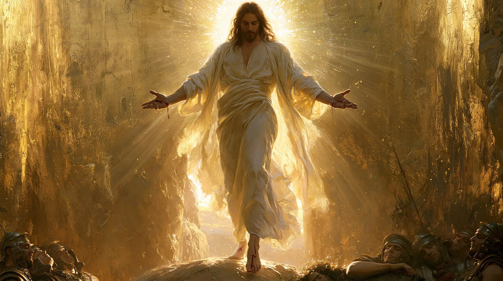 Resurrection of Jesus Christ in Sacred Gold style, landscape Christian artwork no. 15