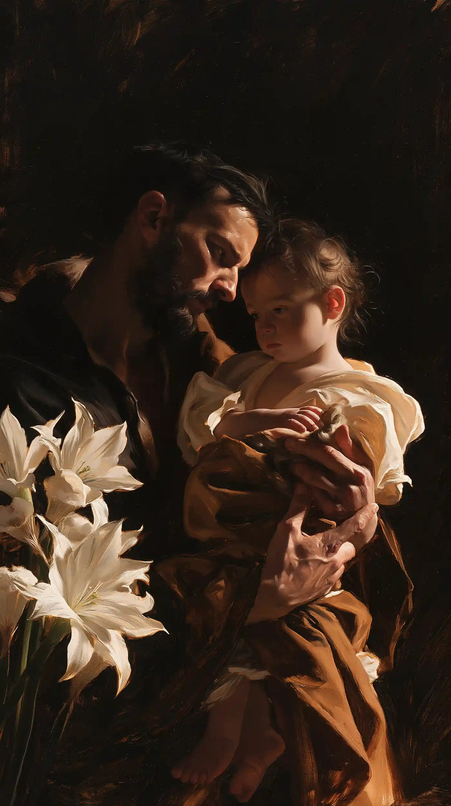 Saint Joseph with the Child Jesus – Caravaggio Tenebrism · Portrait no. 8