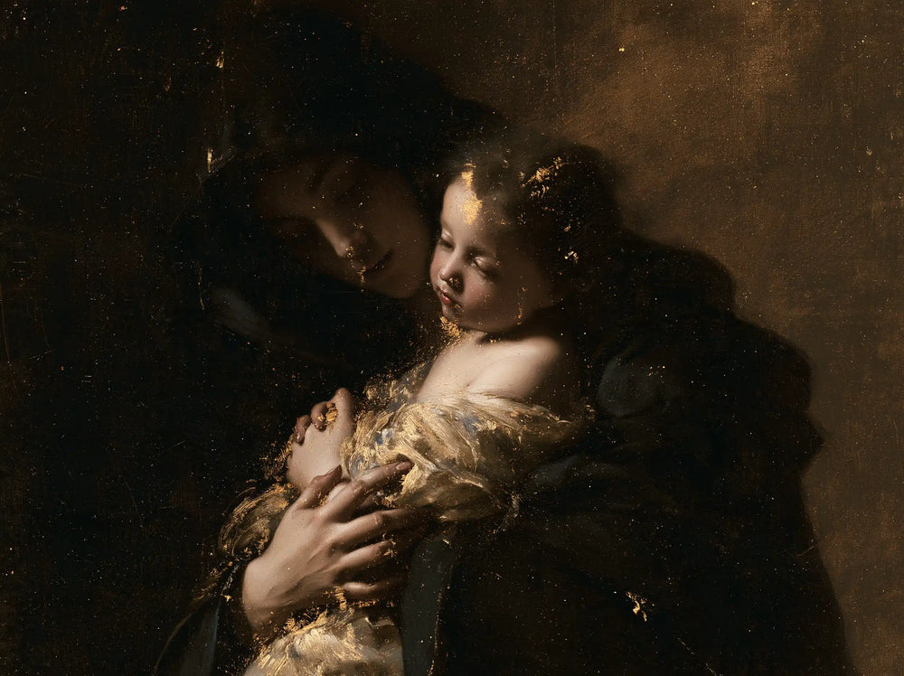the Virgin Mary holding the Child Jesus in Black and Gold style, landscape Christian artwork no. 2