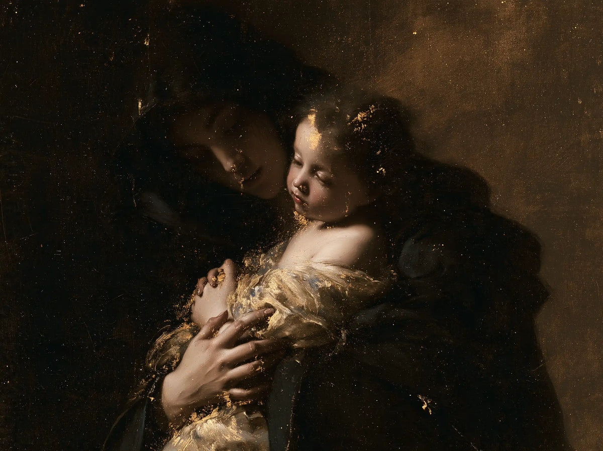 the Virgin Mary holding the Child Jesus in Black and Gold style, landscape Christian artwork no. 2