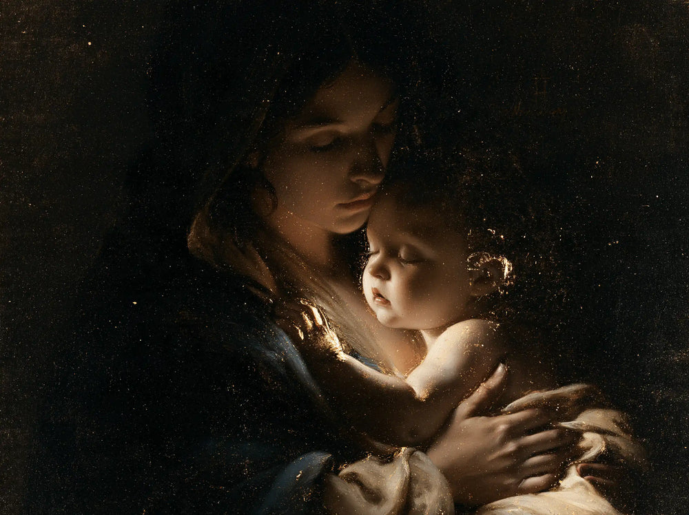 the Virgin Mary holding the Child Jesus in Black and Gold style, landscape Christian artwork no. 3