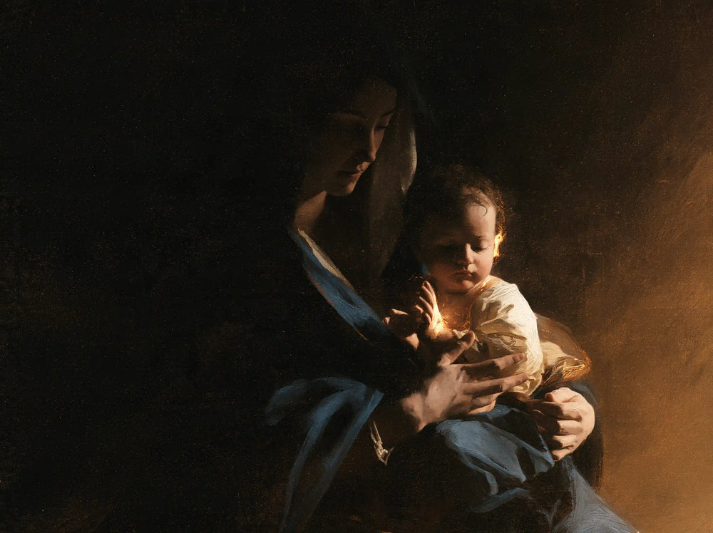 the Virgin Mary holding the Child Jesus in Black and Gold style, landscape Christian artwork no. 4