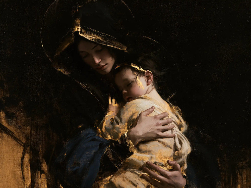 the Virgin Mary holding the Child Jesus in Black and Gold style, landscape Christian artwork no. 7