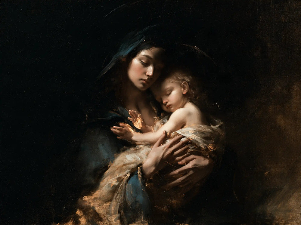 the Virgin Mary holding the Child Jesus in Black and Gold style, landscape Christian artwork no. 10