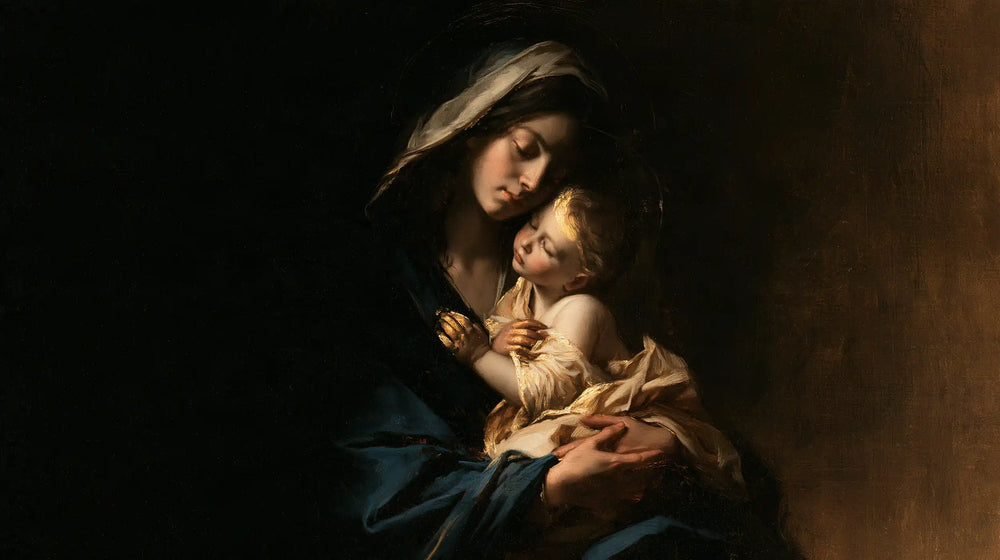 the Virgin Mary holding the Child Jesus in Black and Gold style, landscape Christian artwork no. 14