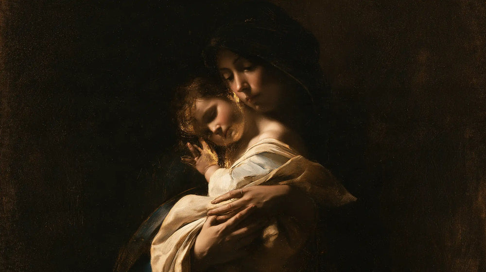 the Virgin Mary holding the Child Jesus in Black and Gold style, landscape Christian artwork no. 15