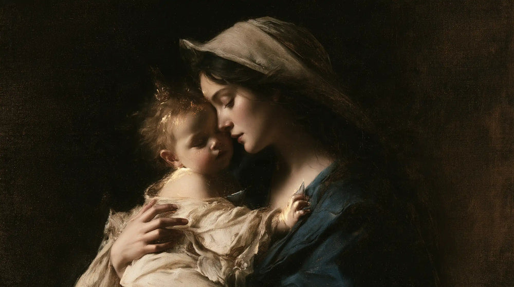 the Virgin Mary holding the Child Jesus in Black and Gold style, landscape Christian artwork no. 16