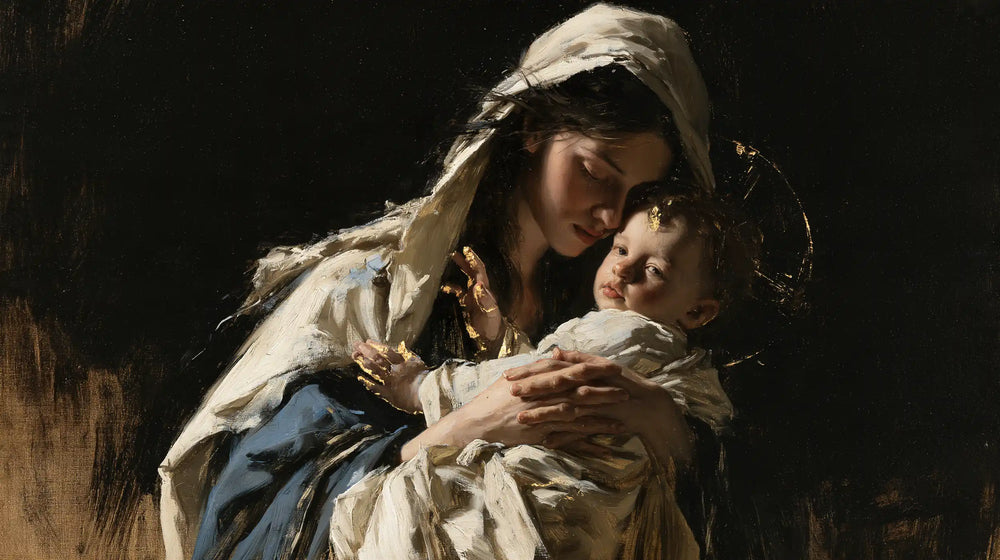 the Virgin Mary holding the Child Jesus in Black and Gold style, landscape Christian artwork no. 18