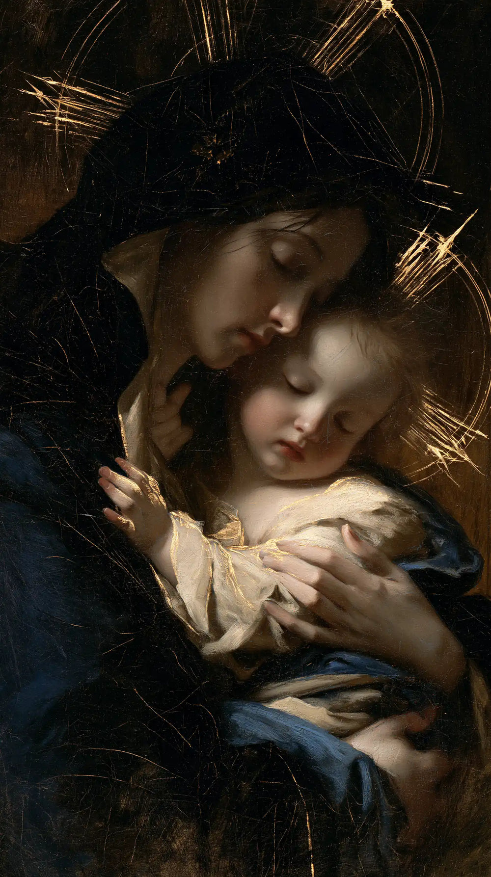 the Virgin Mary holding the Child Jesus in Black and Gold style, portrait Christian artwork no. 1
