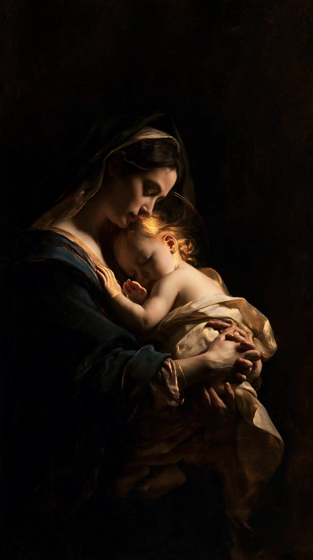 the Virgin Mary holding the Child Jesus in Black and Gold style, portrait Christian artwork no. 4