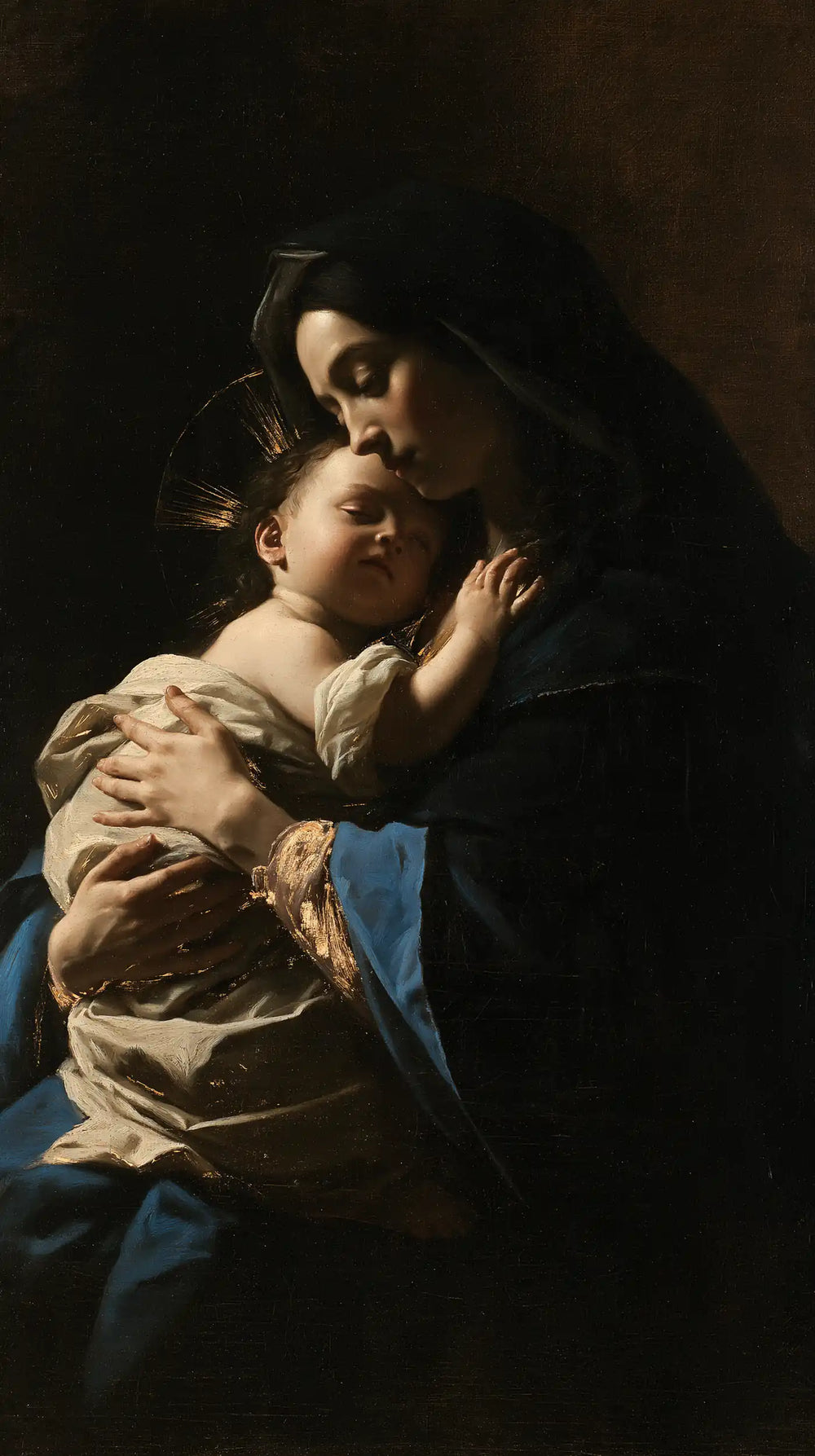 the Virgin Mary holding the Child Jesus in Black and Gold style, portrait Christian artwork no. 5