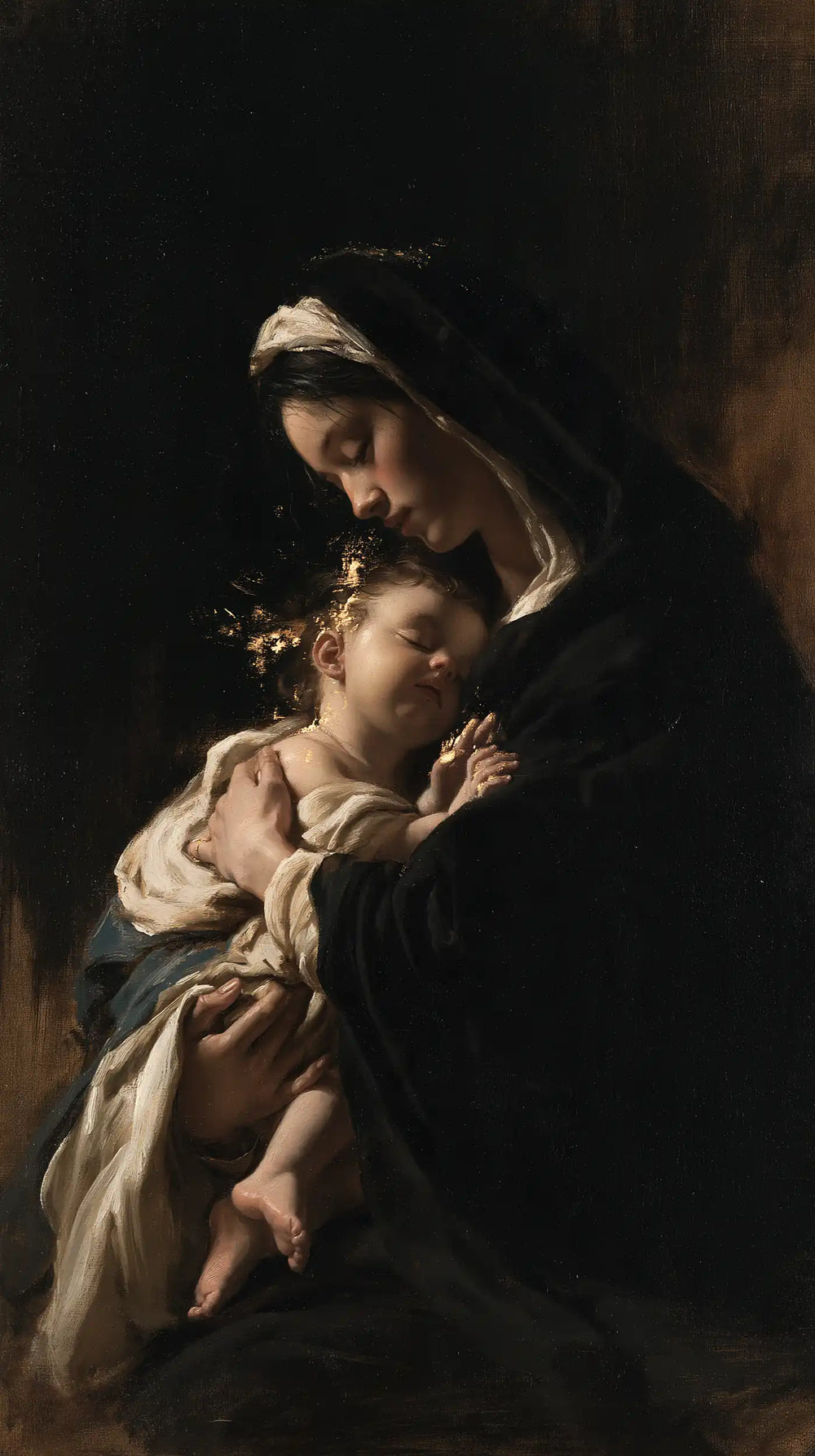 the Virgin Mary holding the Child Jesus in Black and Gold style, portrait Christian artwork no. 6