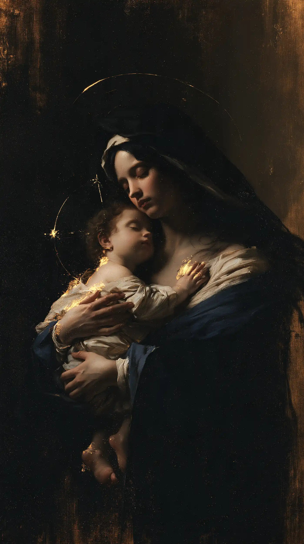 the Virgin Mary holding the Child Jesus in Black and Gold style, portrait Christian artwork no. 7
