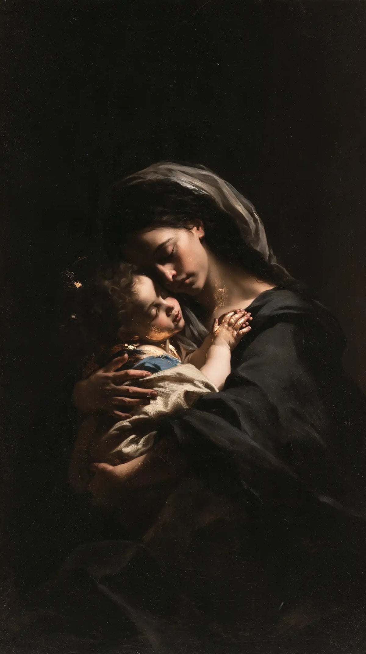 the Virgin Mary holding the Child Jesus in Black and Gold style, portrait Christian artwork no. 14