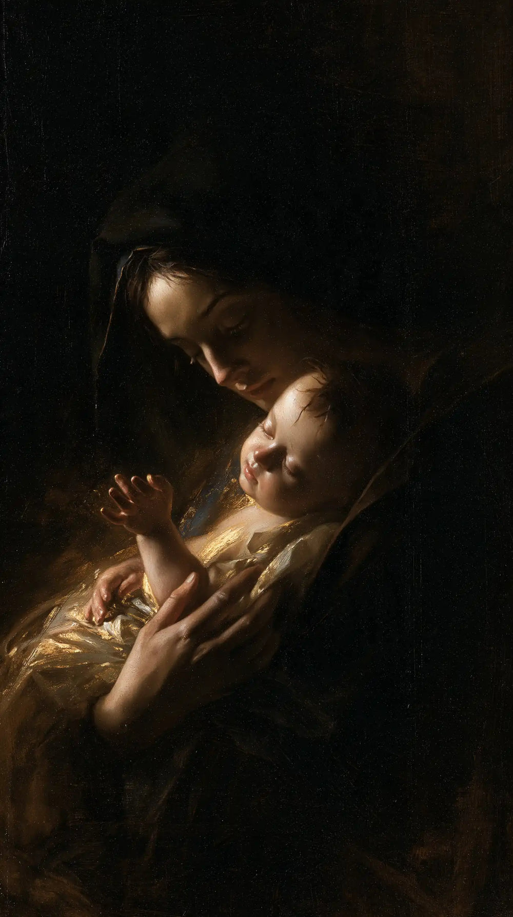 the Virgin Mary holding the Child Jesus in Black and Gold style, portrait Christian artwork no. 17