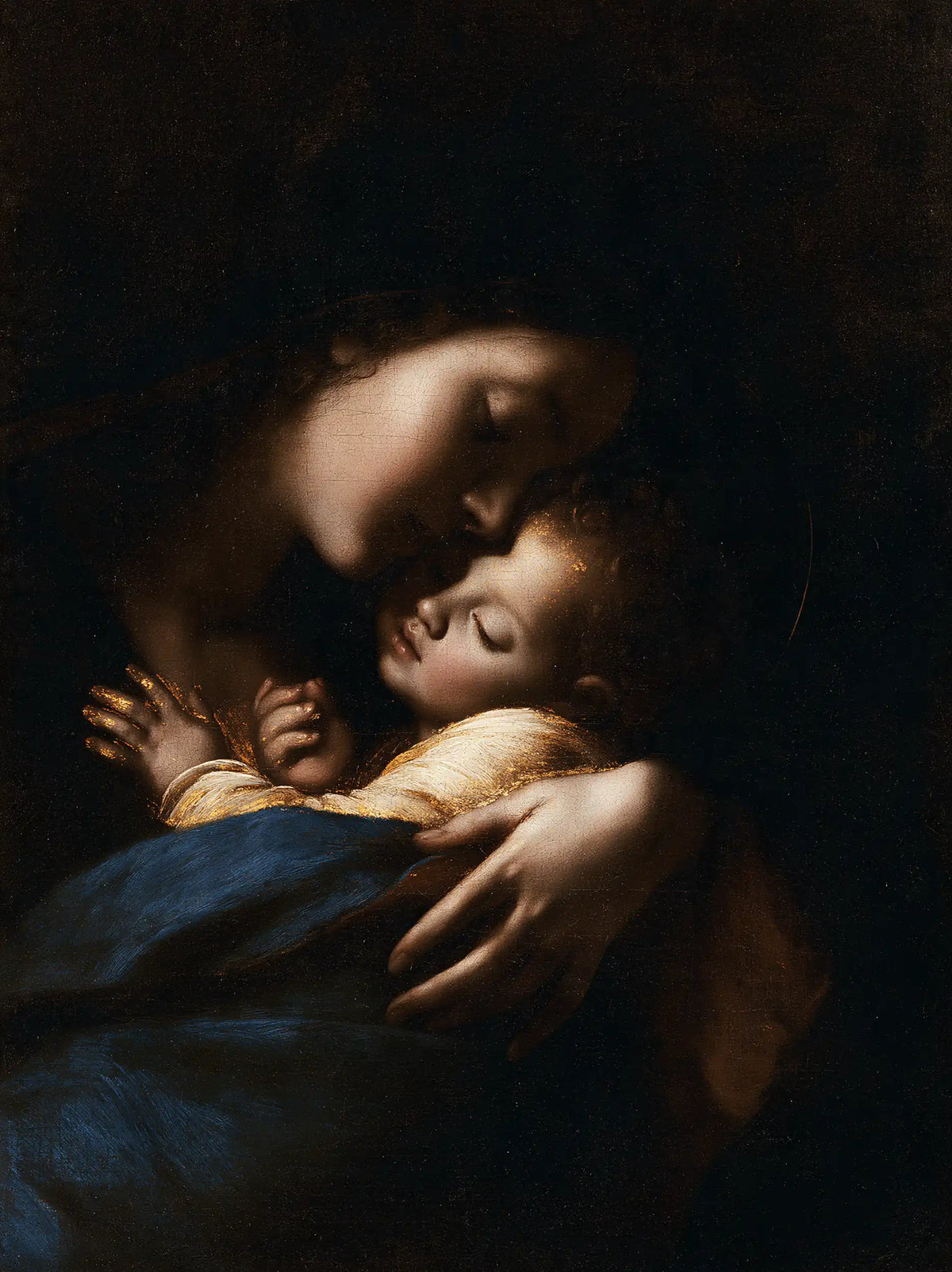 the Virgin Mary holding the Child Jesus in Black and Gold style, portrait Christian artwork no. 23