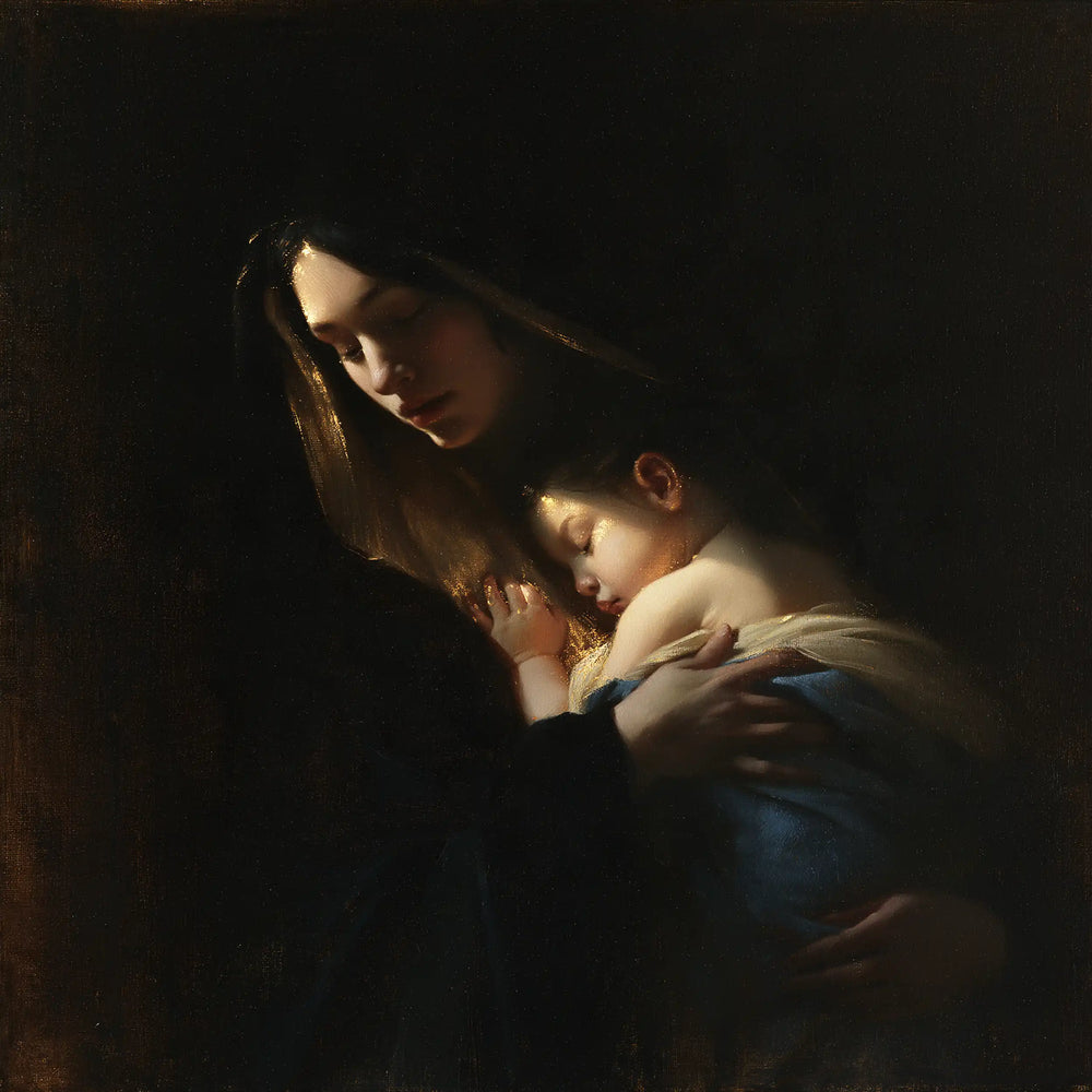 the Virgin Mary holding the Child Jesus in Black and Gold style, square Christian artwork no. 4