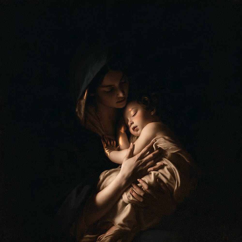 the Virgin Mary holding the Child Jesus in Black and Gold style, square Christian artwork no. 9
