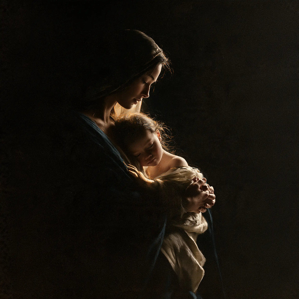 the Virgin Mary holding the Child Jesus in Black and Gold style, square Christian artwork no. 10