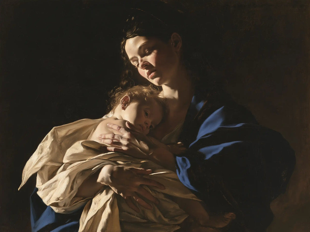 the Virgin Mary holding the Child Jesus in Caravaggio Tenebrism style, landscape Christian artwork no. 1