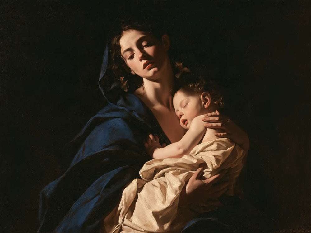 the Virgin Mary holding the Child Jesus in Caravaggio Tenebrism style, landscape Christian artwork no. 4