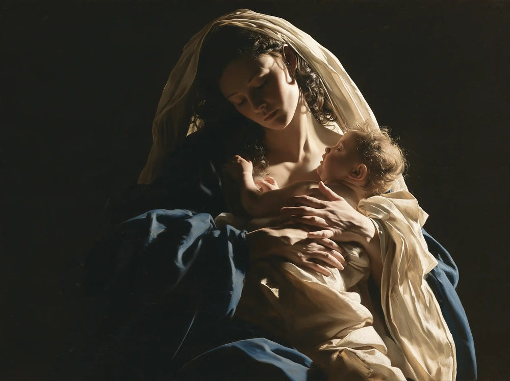 the Virgin Mary holding the Child Jesus in Caravaggio Tenebrism style, landscape Christian artwork no. 5